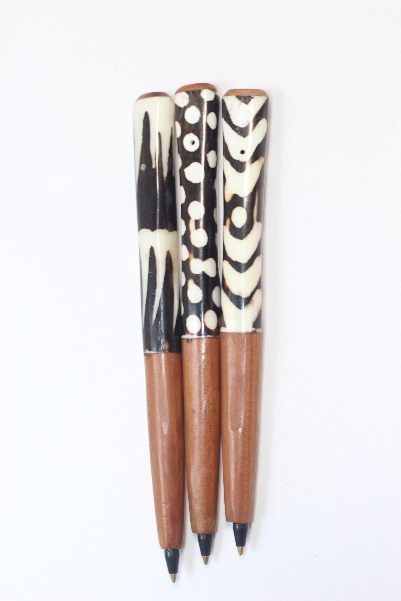 Wood and batik Bone pens. African Art Writing Material, unique ball point pens. Souvenirs and Collector's items. Comes as a set of 3
