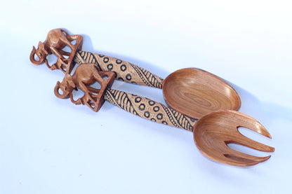 Elephant and Calf theme Olive Wood Spoon and Spork/ Fork Giftsets. Zimbabwe hand Carved Artwork for wall or table decor. Unique African Gift