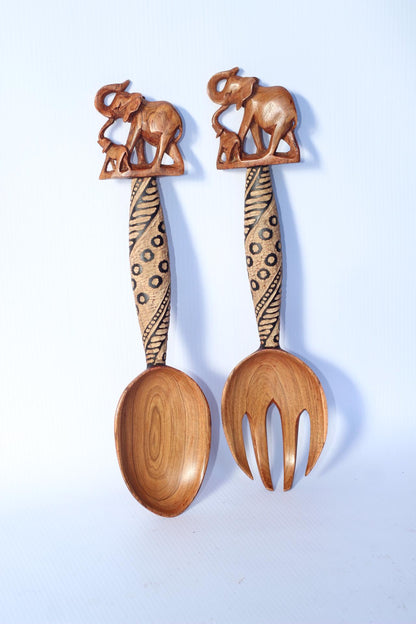 Elephant and Calf theme Olive Wood Spoon and Spork/ Fork Giftsets. Zimbabwe hand Carved Artwork for wall or table decor. Unique African Gift