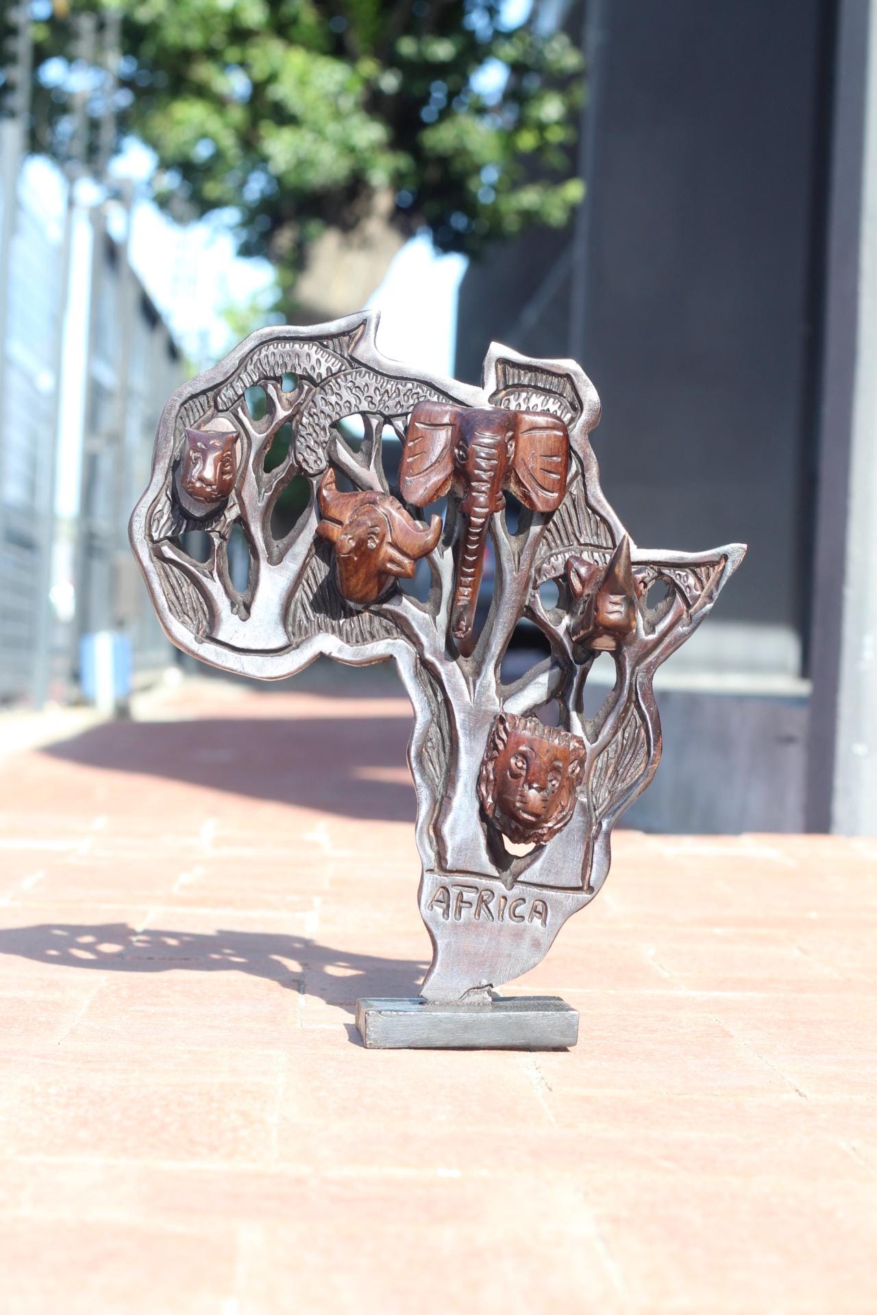 Iron wood Big Five Carved African Map table decor. Wildlife /Safari Themed Malawi handcarved map with stand. Big 5 Gifts ready to Ship