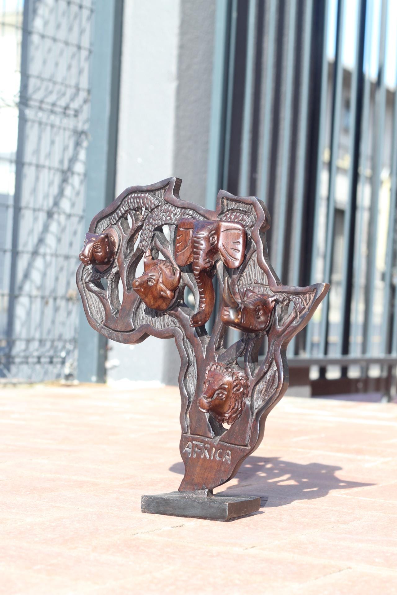 Iron wood Big Five Carved African Map table decor. Wildlife /Safari Themed Malawi handcarved map with stand. Big 5 Gifts ready to Ship