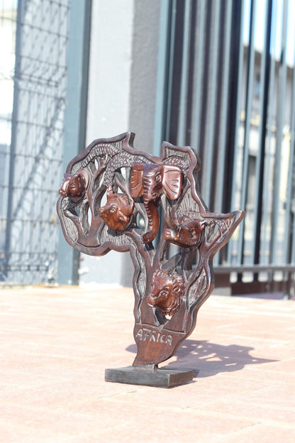 Iron wood Big Five Carved African Map table decor. Wildlife /Safari Themed Malawi handcarved map with stand. Big 5 Gifts ready to Ship