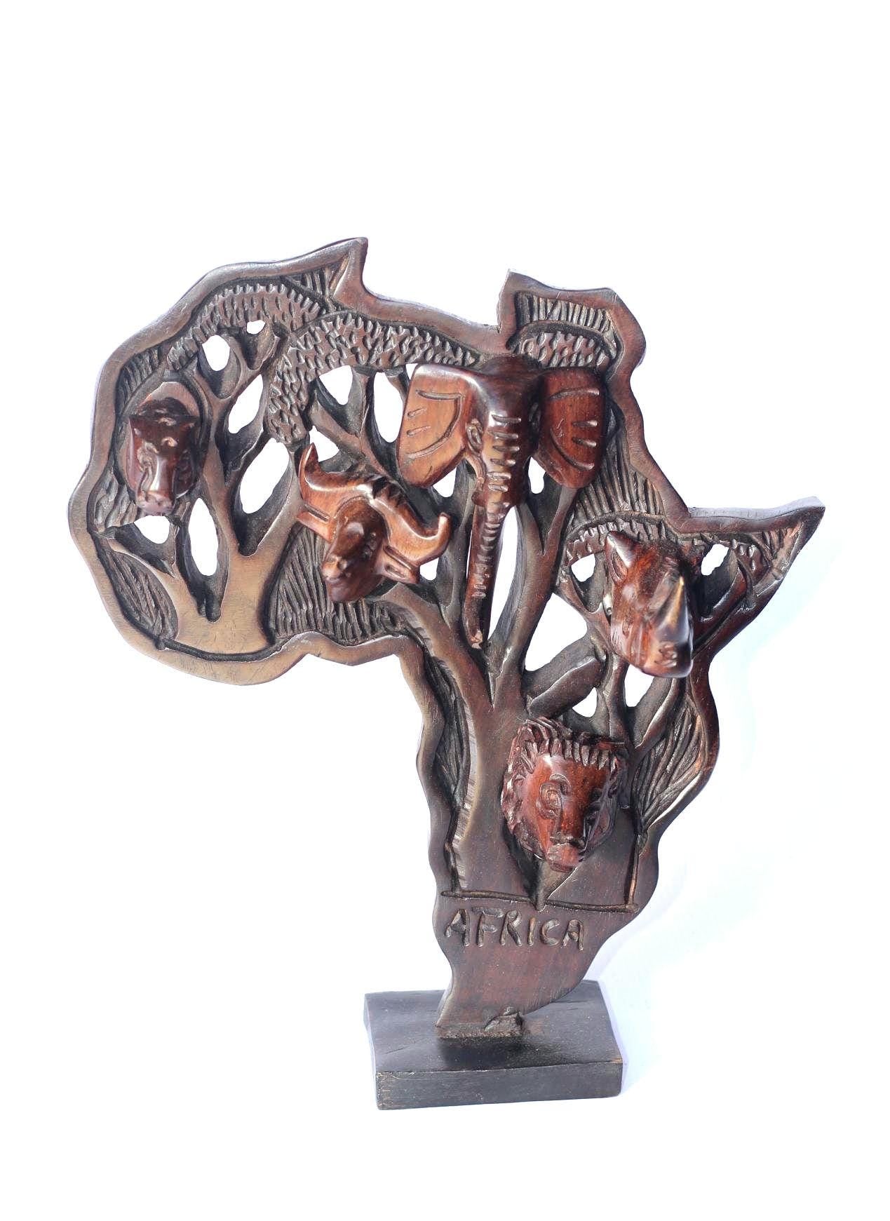 Iron wood Big Five Carved African Map table decor. Wildlife /Safari Themed Malawi handcarved map with stand. Big 5 Gifts ready to Ship