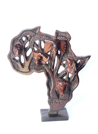 Iron wood Big Five Carved African Map table decor. Wildlife /Safari Themed Malawi handcarved map with stand. Big 5 Gifts ready to Ship