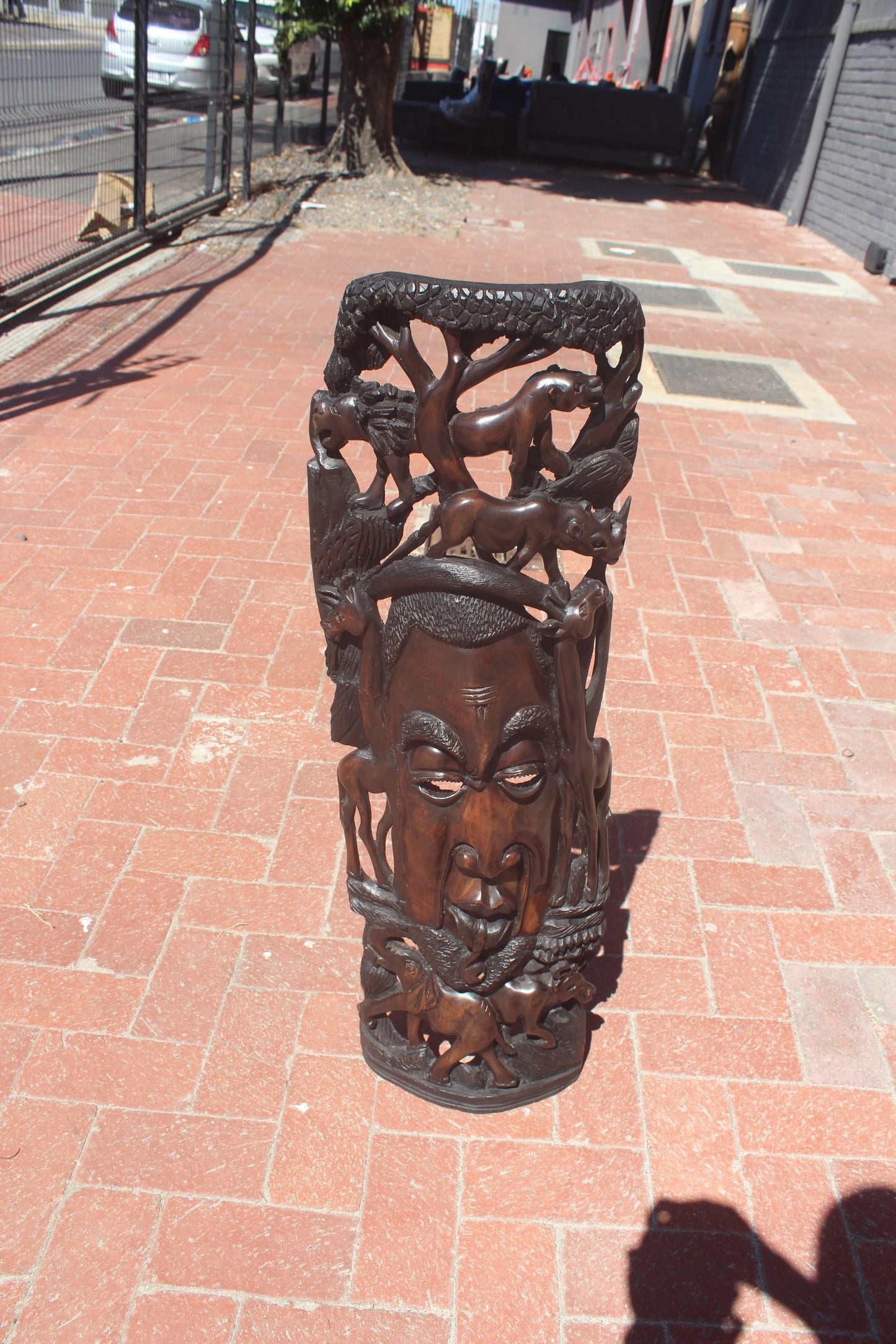 Large 38" African Man Face Standing Mask with Big 5 Animals and Giraffe Carvings. Handcarved Ironwood interior decor art gift, Ready to Ship