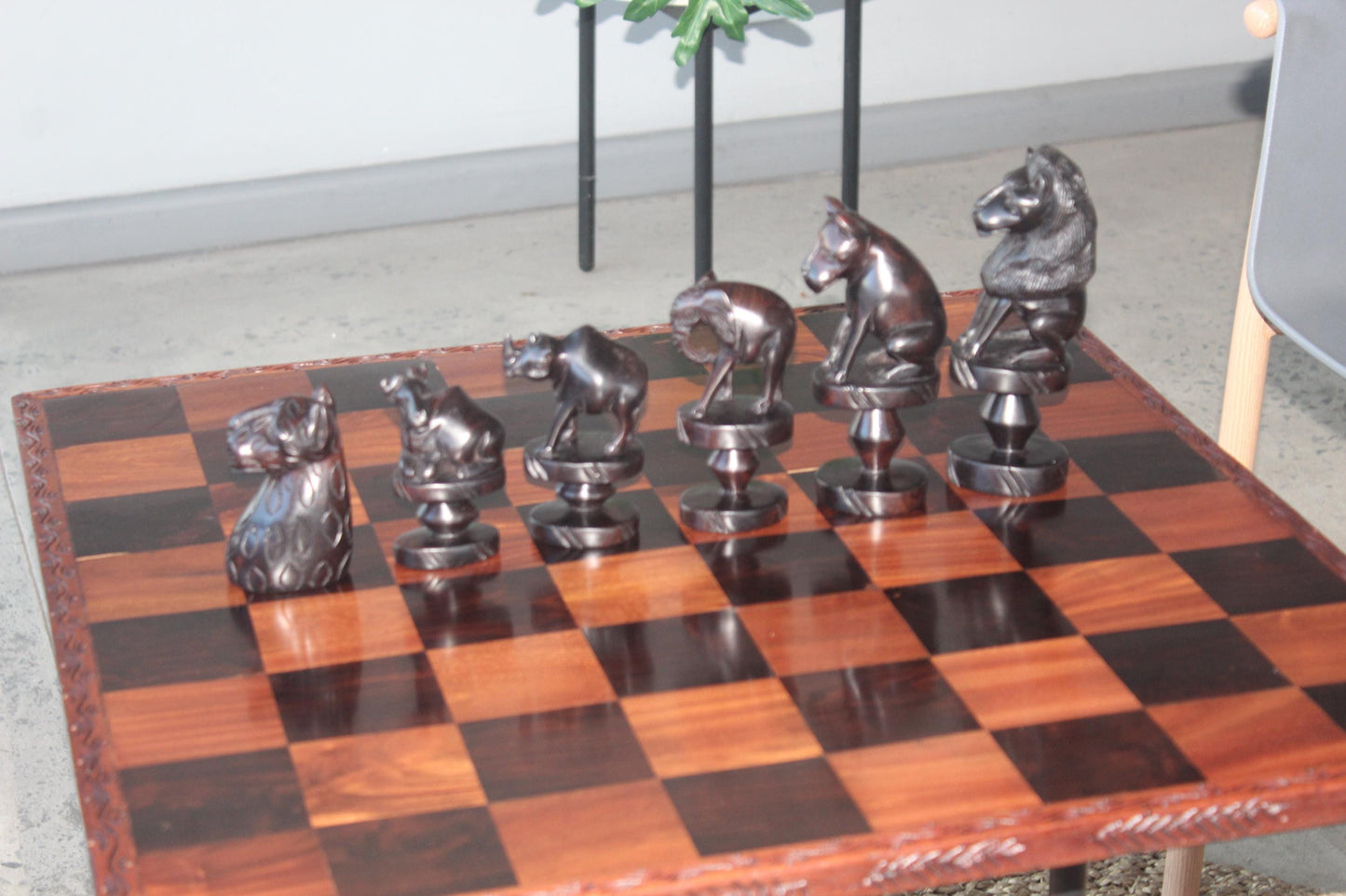 25" One of a kind Large Masterpiece Big Five Animals carved Wood African Chess Set. Malawian Handmade board game Gift. Chessboard art Decor