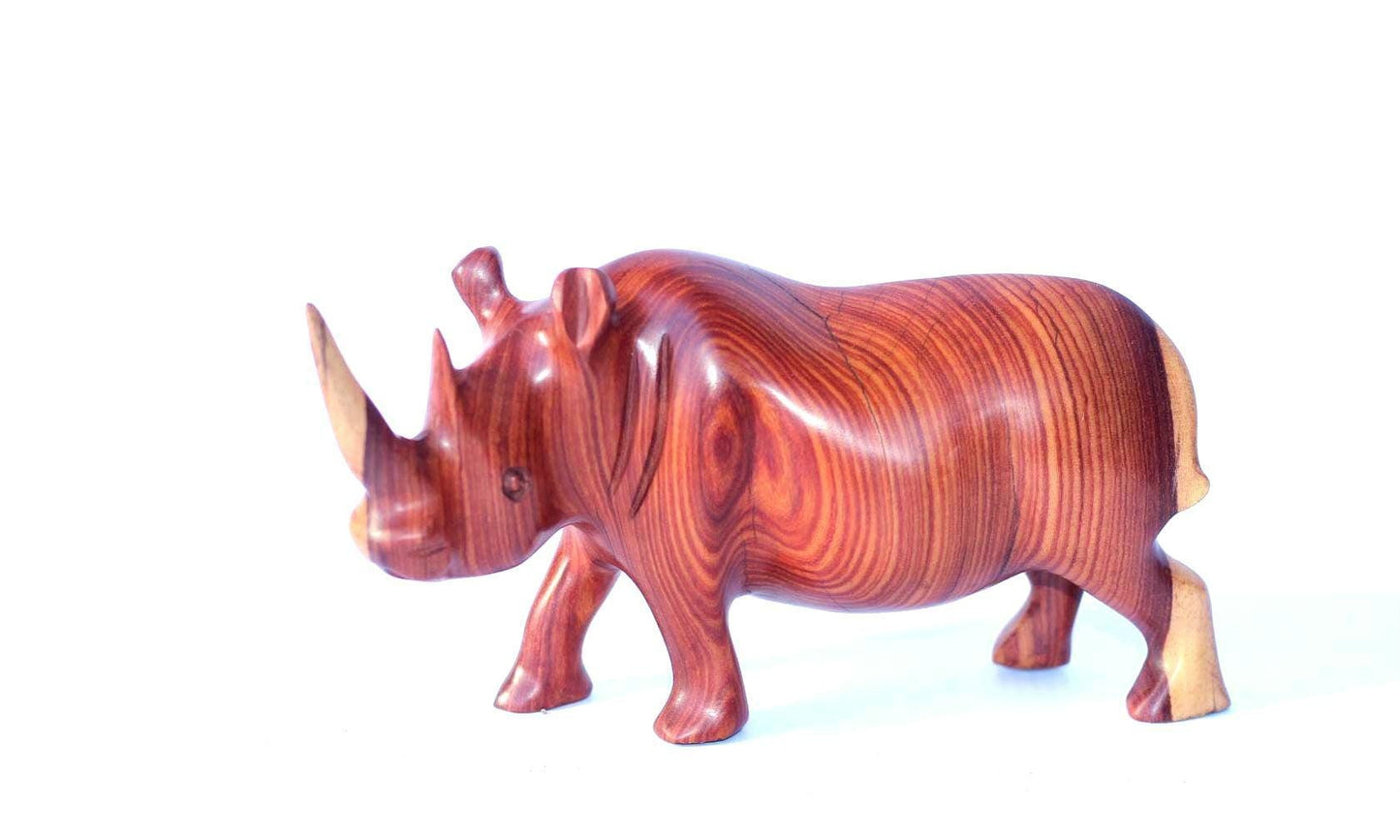 Zambian Teak wood Rhino Sculpture. Handcarved Rhinoceros figurines made from a reddish brown Wood with amazing visible grains. African Decor