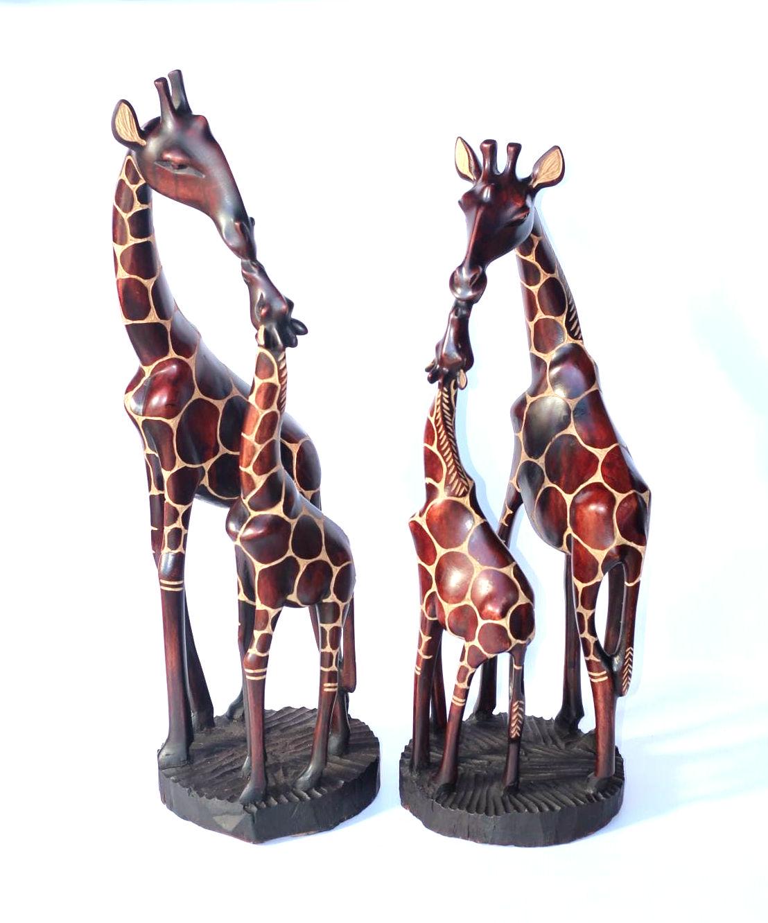 Large Giraffe with Calf Dark Brown Gouged Olive Wood Art figurine. Zimbabwean handcarved Sculpture. Home/office African gifts. Ready to Ship