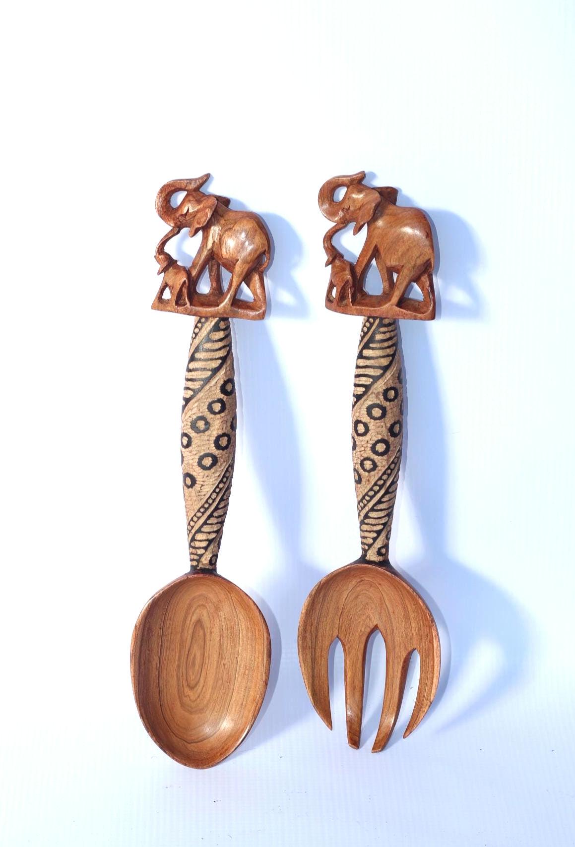 Elephant and Calf theme Olive Wood Spoon and Spork/ Fork Giftsets. Zimbabwe hand Carved Artwork for wall or table decor. Unique African Gift