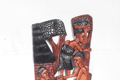 Large 52cm Mukwa wood African Village life frame, Zambian Hand Carved wall hanging. Light brown and black polished home/Office Decor gift