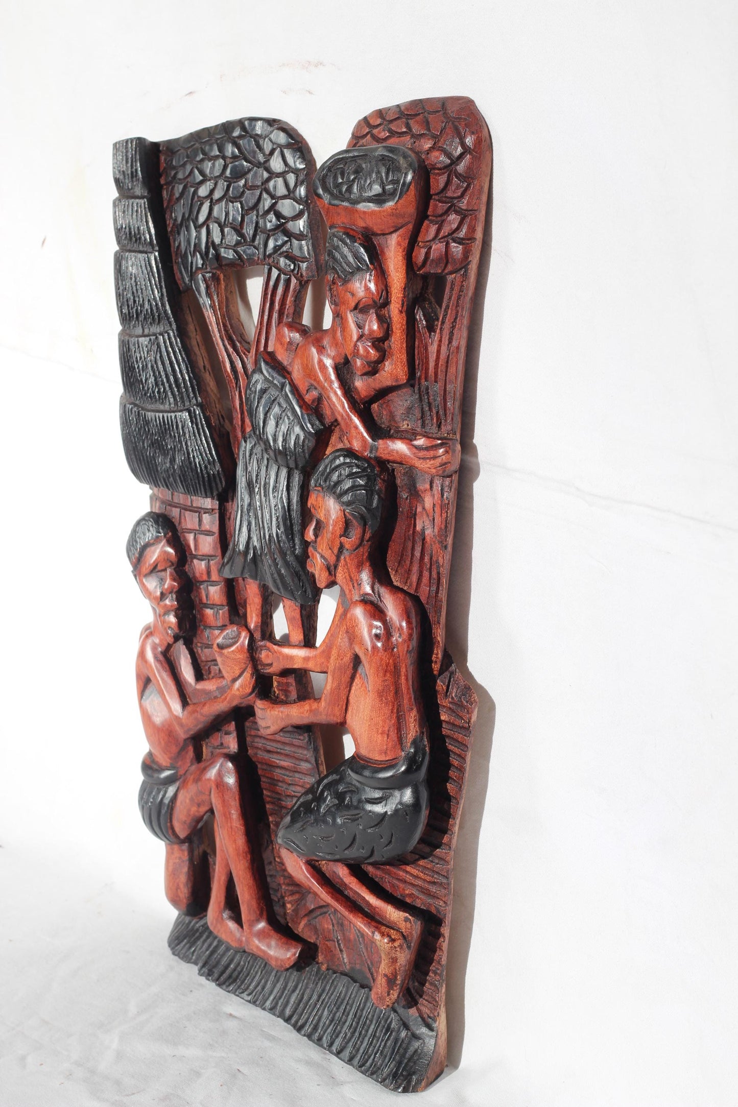 Large 52cm Mukwa wood African Village life frame, Zambian Hand Carved wall hanging. Light brown and black polished home/Office Decor gift