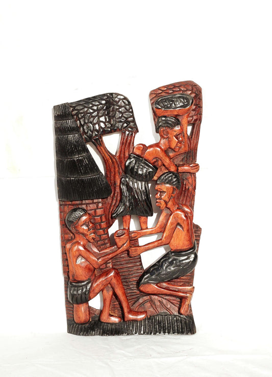 Large 52cm Mukwa wood African Village life frame, Zambian Hand Carved wall hanging. Light brown and black polished home/Office Decor gift
