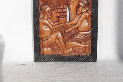 34cm Mukwa wood African Village life frame, Zambian Hand Carved wall hanging. Light brown and black polished home/Office Decor gift