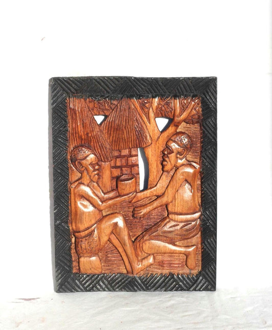 34cm Mukwa wood African Village life frame, Zambian Hand Carved wall hanging. Light brown and black polished home/Office Decor gift