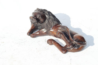 Sleeping and scratching Lion Handcarved Ironwood Carving. Malawian smooth carved brown animal figurine. Ready to Ship home/Office Decor