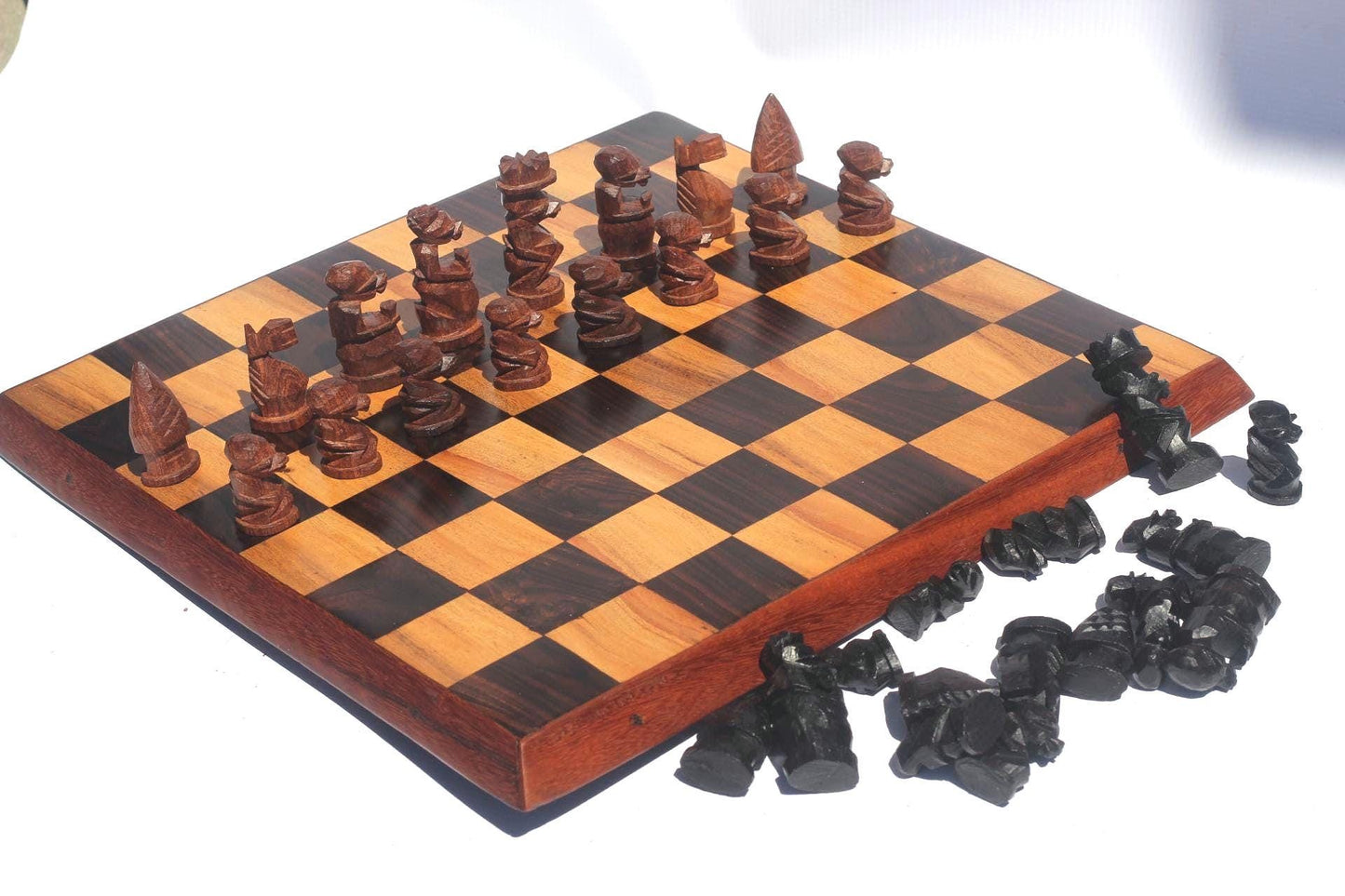 Minimalist board Ebony and Olive Wood Chess Set with African warriors pieces. Board games Art gift ready to Ship Worldwide.  Malawian decor