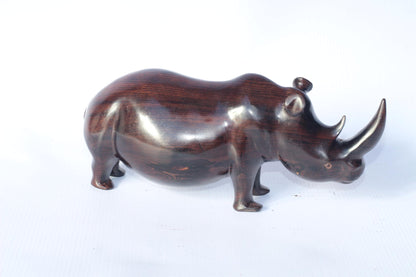 Smooth Chubby Zambian Ebony wood handcarved Rhino. Unique African Art Gifts, home and office decor. Walking Long Horn Rhinoceros figurines.