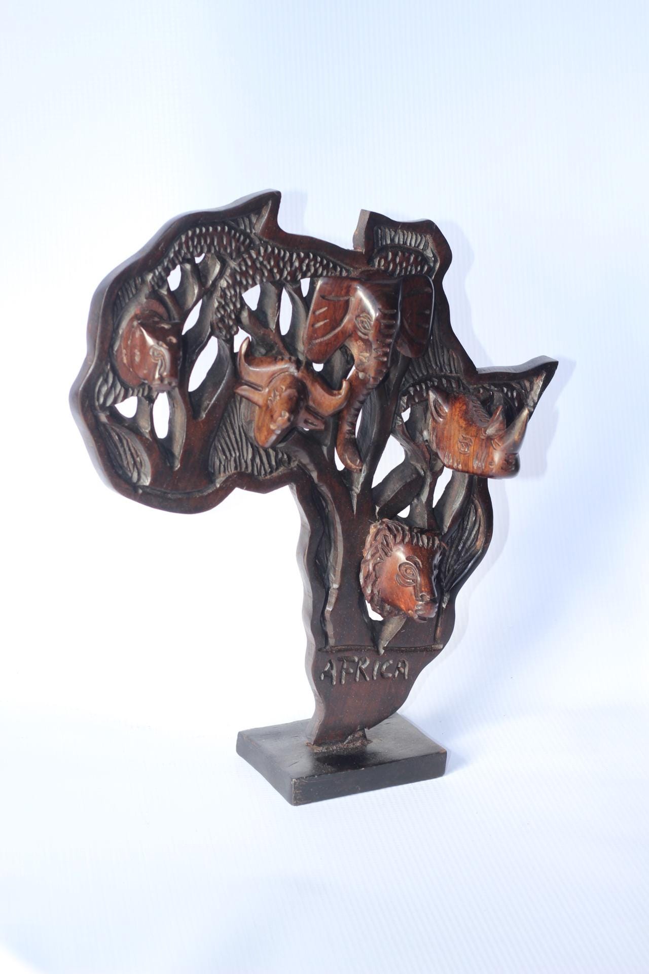 Iron wood Big Five Carved African Map table decor. Wildlife /Safari Themed Malawi handcarved map with stand. Big 5 Gifts ready to Ship