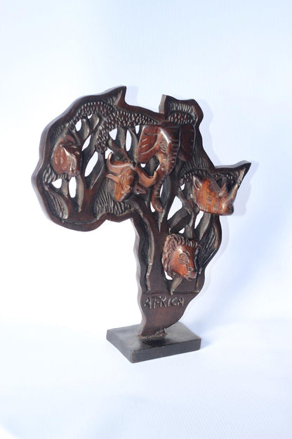 Iron wood Big Five Carved African Map table decor. Wildlife /Safari Themed Malawi handcarved map with stand. Big 5 Gifts ready to Ship