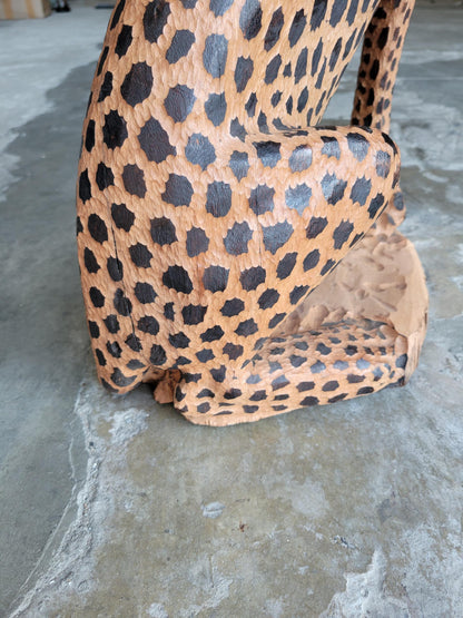23" Teak Wood Life like Seating Cheetah Figurines. Fully detailed large gouged spotted hand carved Decor Sculpture. African Gift Masterpiece
