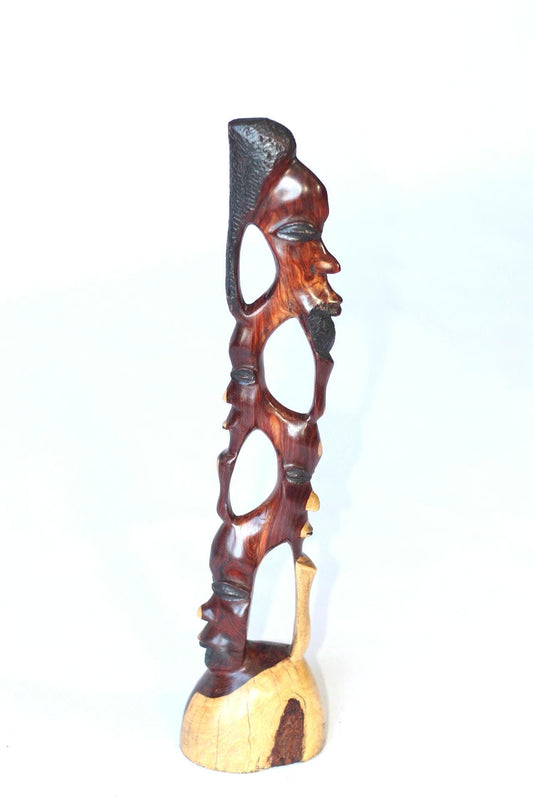 African man faces Tower, Teak Handcarved Decor sculptures. Zambian Carved Wood Art Gifts. Ready to Ship Gifts