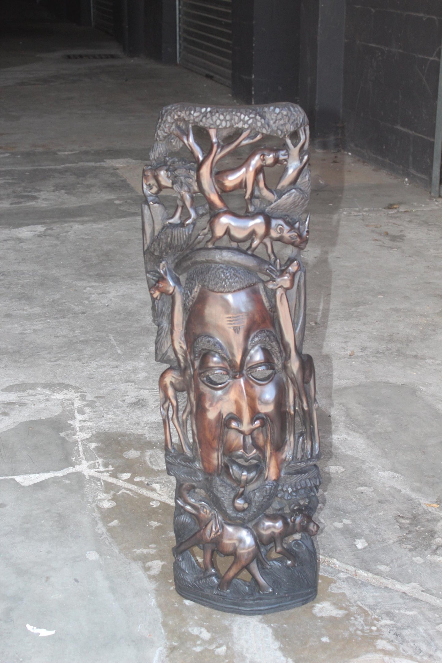 Large 38" African Man Face Standing Mask with Big 5 Animals and Giraffe Carvings. Handcarved Ironwood interior decor art gift, Ready to Ship