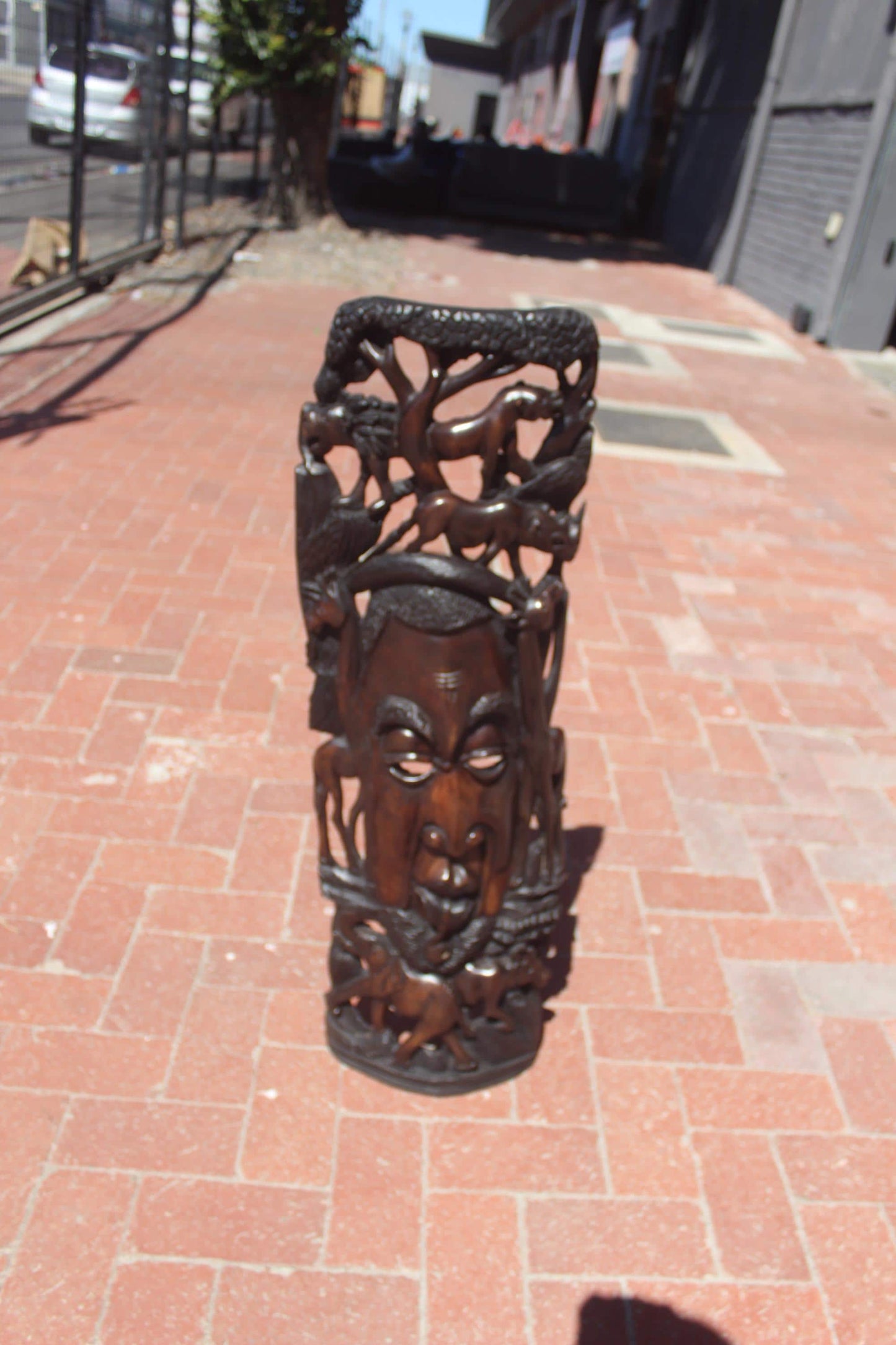 Large 38" African Man Face Standing Mask with Big 5 Animals and Giraffe Carvings. Handcarved Ironwood interior decor art gift, Ready to Ship