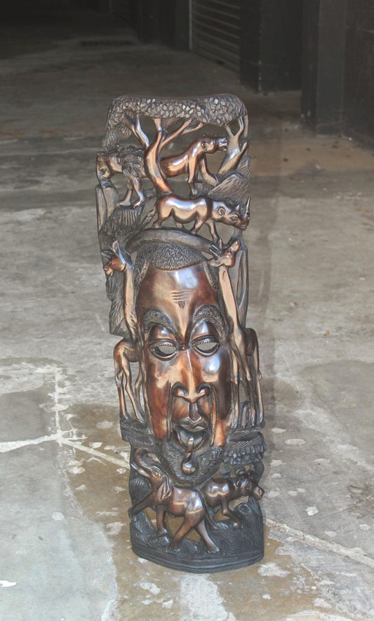 Large 38" African Man Face Standing Mask with Big 5 Animals and Giraffe Carvings. Handcarved Ironwood interior decor art gift, Ready to Ship