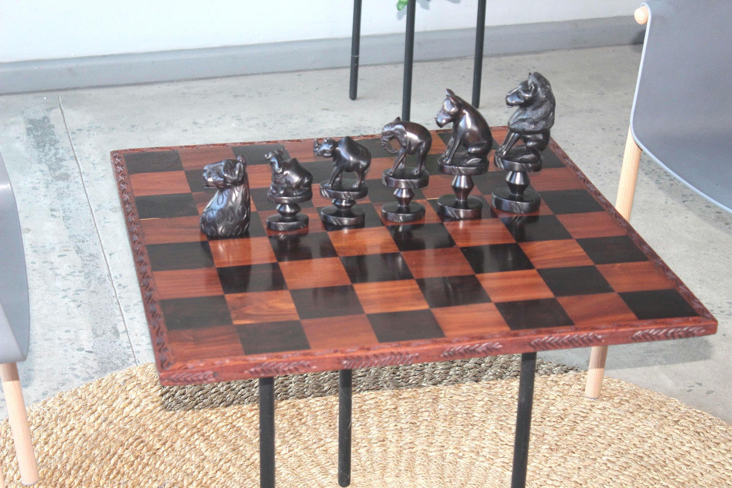 25" One of a kind Large Masterpiece Big Five Animals carved Wood African Chess Set. Malawian Handmade board game Gift. Chessboard art Decor