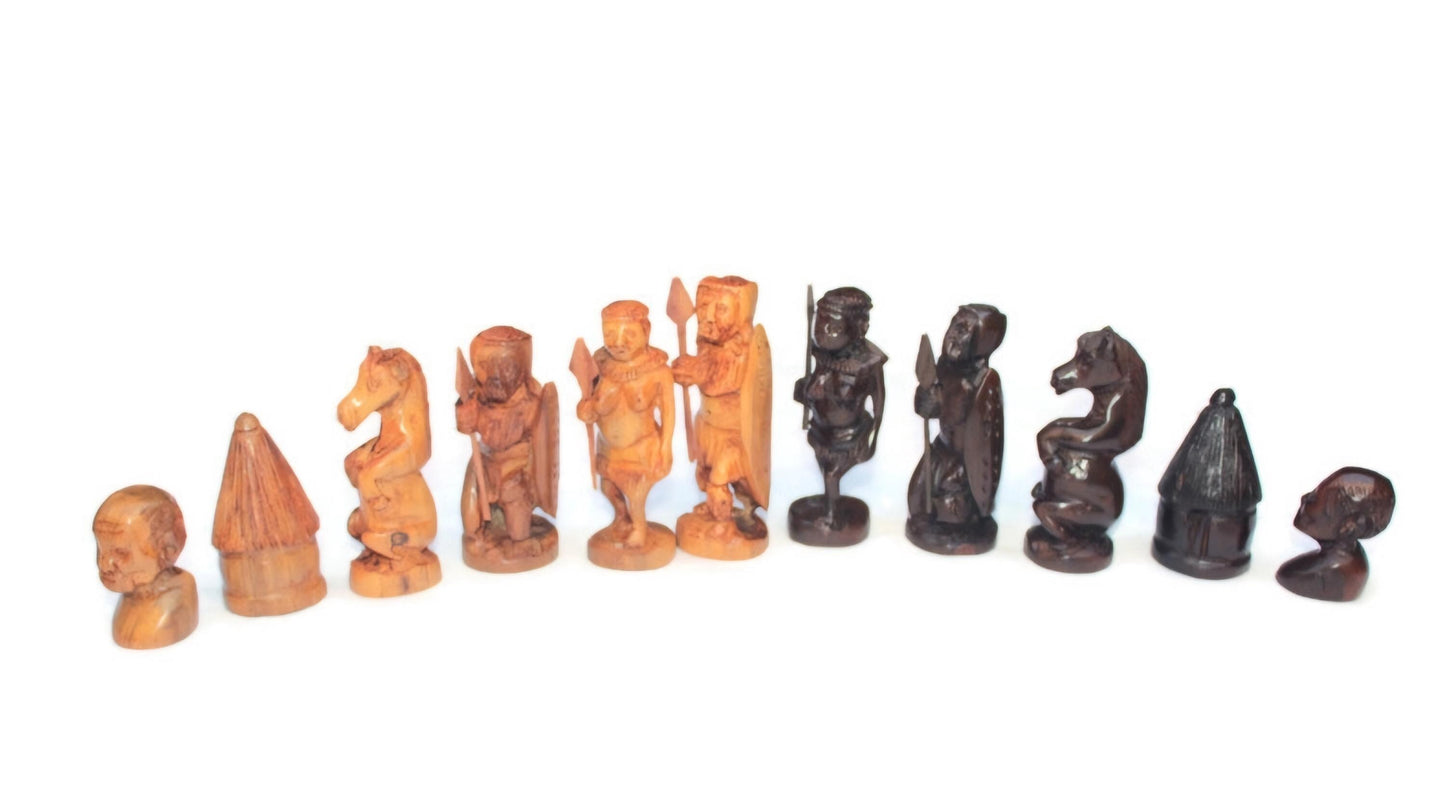 African handcarved Warriors Chess Players 32 pieces. Ebony and Mahogany Wood For play or decor. Ready to Ship Collector's Art Masterpiece