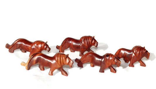 5 x Teak Wood hand carved lion mini Figurines. Walking design Sculptures. Unique African art Gifts for Home /office decor. Ready to Ship