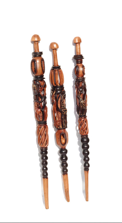 Olive Wood Animal Theme Walking Cane. Black And Brown Smooth Carved African Art Walking Stick. Antelope, Giraffe, Elephant, Lion, Leopard