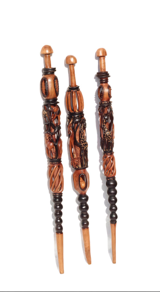 Olive Wood Animal Theme Walking Cane. Black And Brown Smooth Carved African Art Walking Stick. Antelope, Giraffe, Elephant, Lion, Leopard