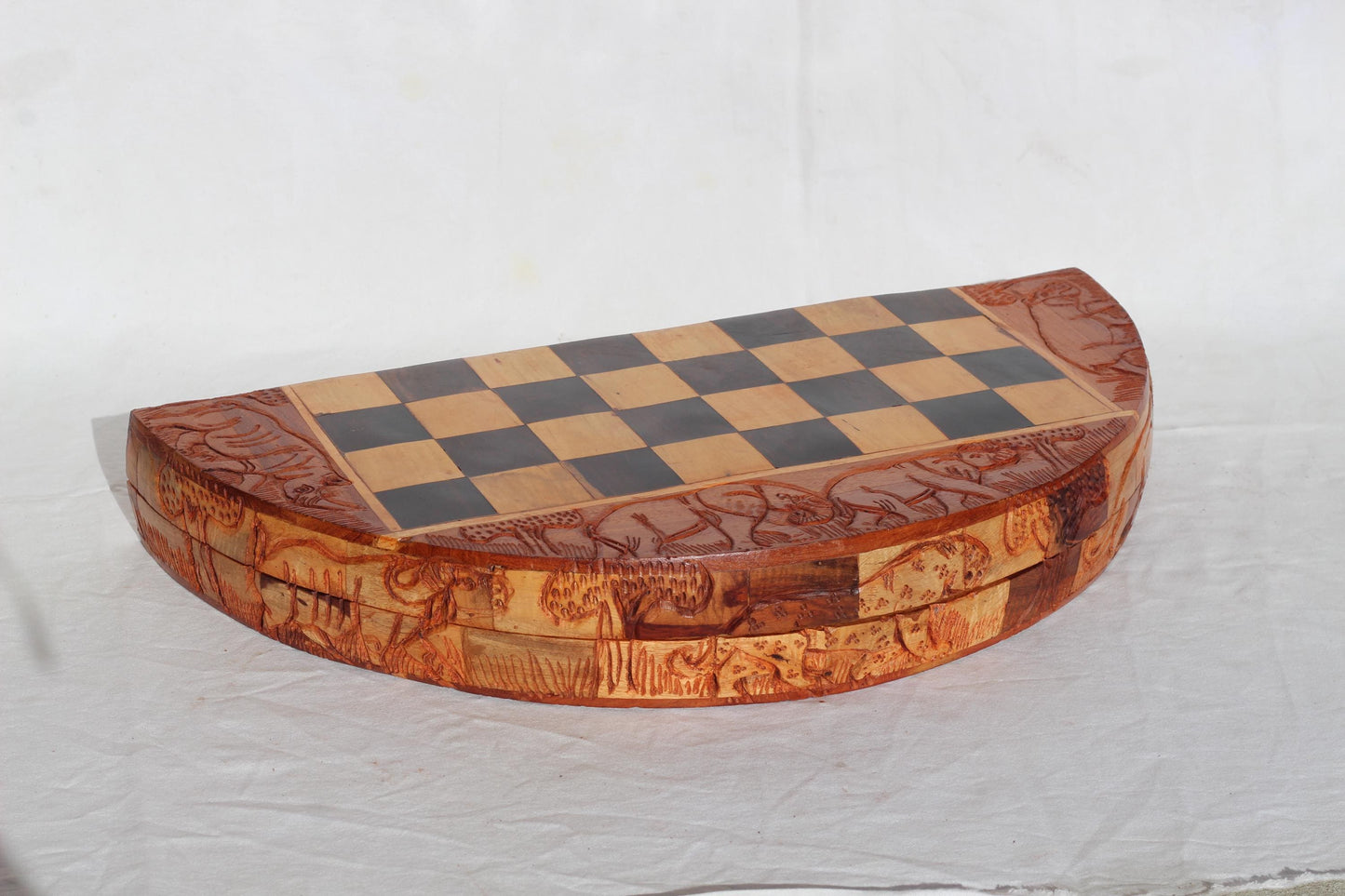 23" African Chess Set Warriors Fine Art Masterpiece. Zimbabwean carved Round Foldable board with big 5 Animals. Olive, Ebony, Mahogany Wood
