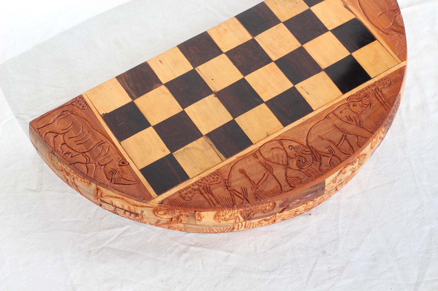 23" African Chess Set Warriors Fine Art Masterpiece. Zimbabwean carved Round Foldable board with big 5 Animals. Olive, Ebony, Mahogany Wood