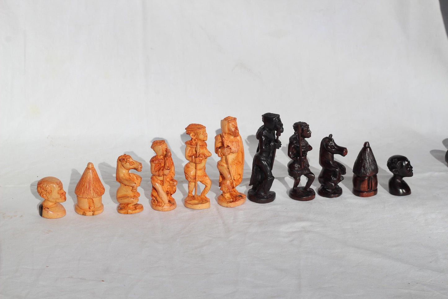 23" African Chess Set Warriors Fine Art Masterpiece. Zimbabwean carved Round Foldable board with big 5 Animals. Olive, Ebony, Mahogany Wood