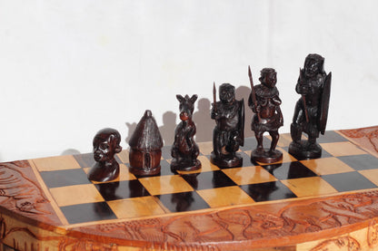 23" African Chess Set Warriors Fine Art Masterpiece. Zimbabwean carved Round Foldable board with big 5 Animals. Olive, Ebony, Mahogany Wood