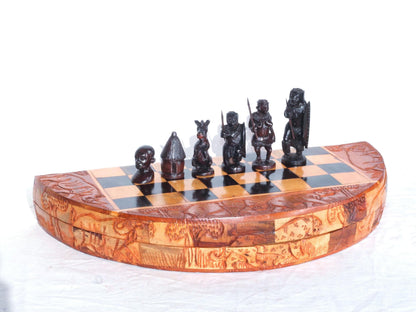 23" African Chess Set Warriors Fine Art Masterpiece. Zimbabwean carved Round Foldable board with big 5 Animals. Olive, Ebony, Mahogany Wood