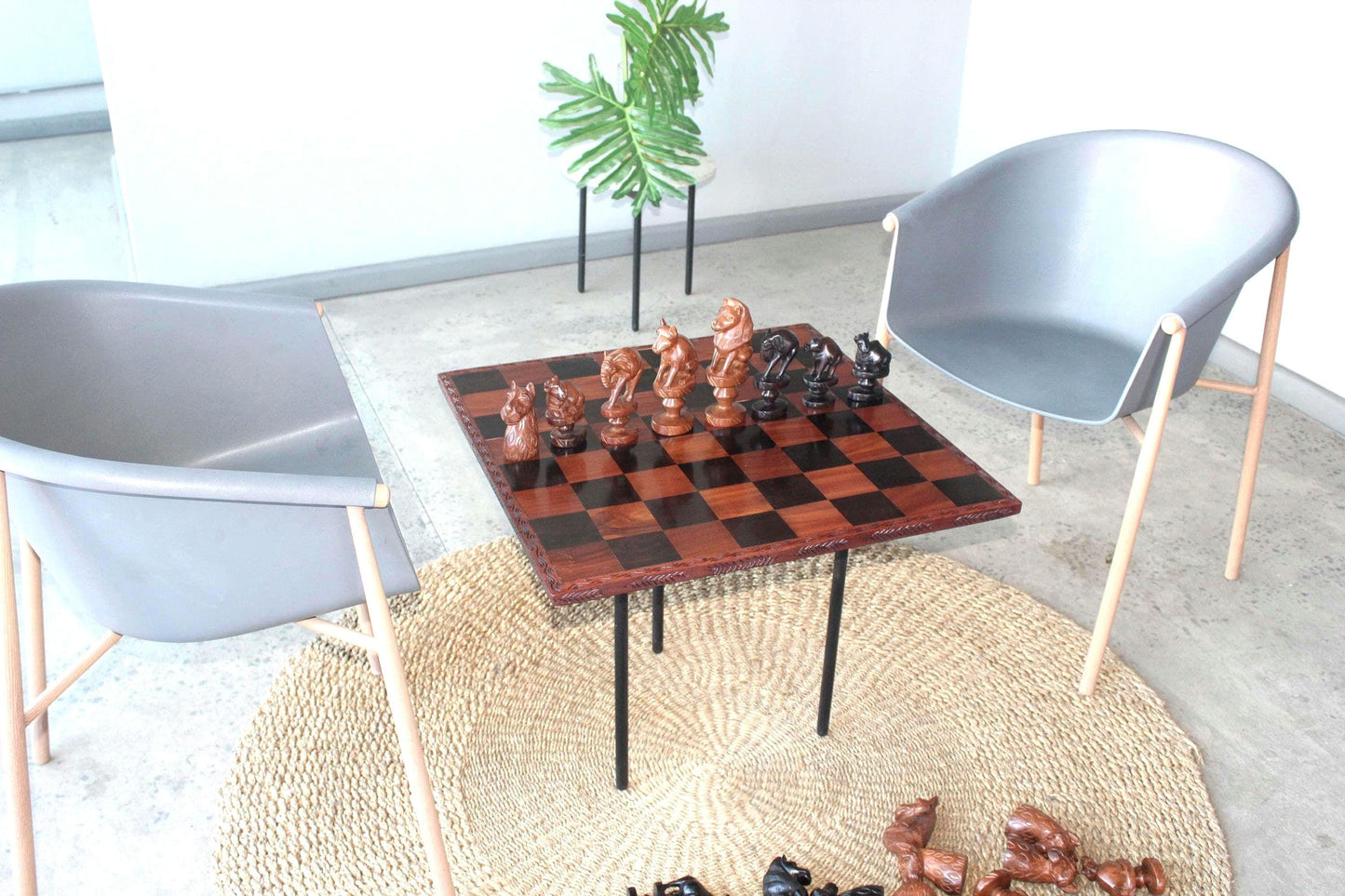 25" One of a kind Large Masterpiece Big Five Animals carved Wood African Chess Set. Malawian Handmade board game Gift. Chessboard art Decor