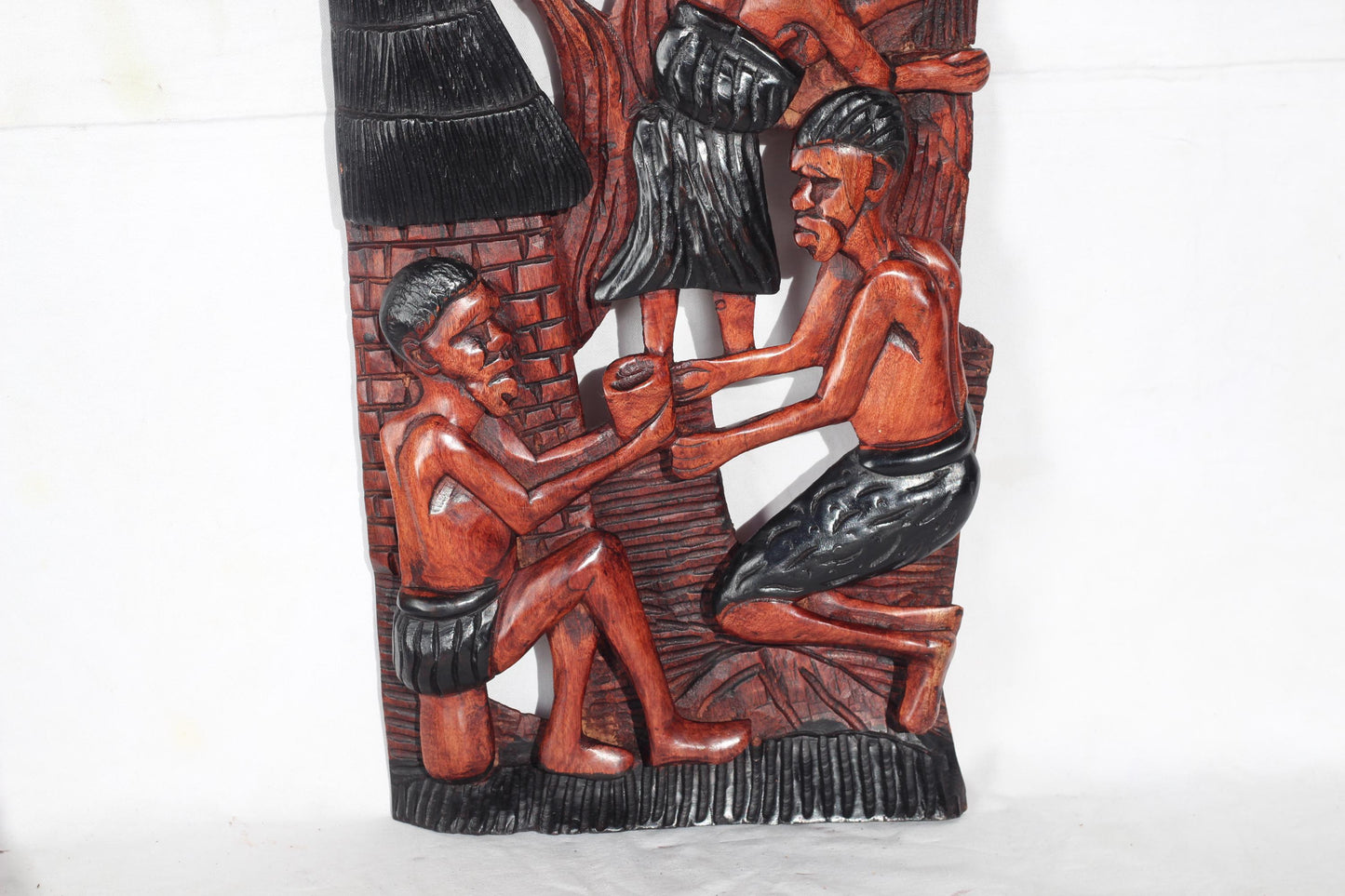 Large 52cm Mukwa wood African Village life frame, Zambian Hand Carved wall hanging. Light brown and black polished home/Office Decor gift