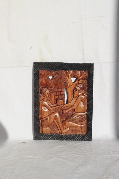 34cm Mukwa wood African Village life frame, Zambian Hand Carved wall hanging. Light brown and black polished home/Office Decor gift