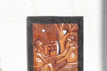 34cm Mukwa wood African Village life frame, Zambian Hand Carved wall hanging. Light brown and black polished home/Office Decor gift