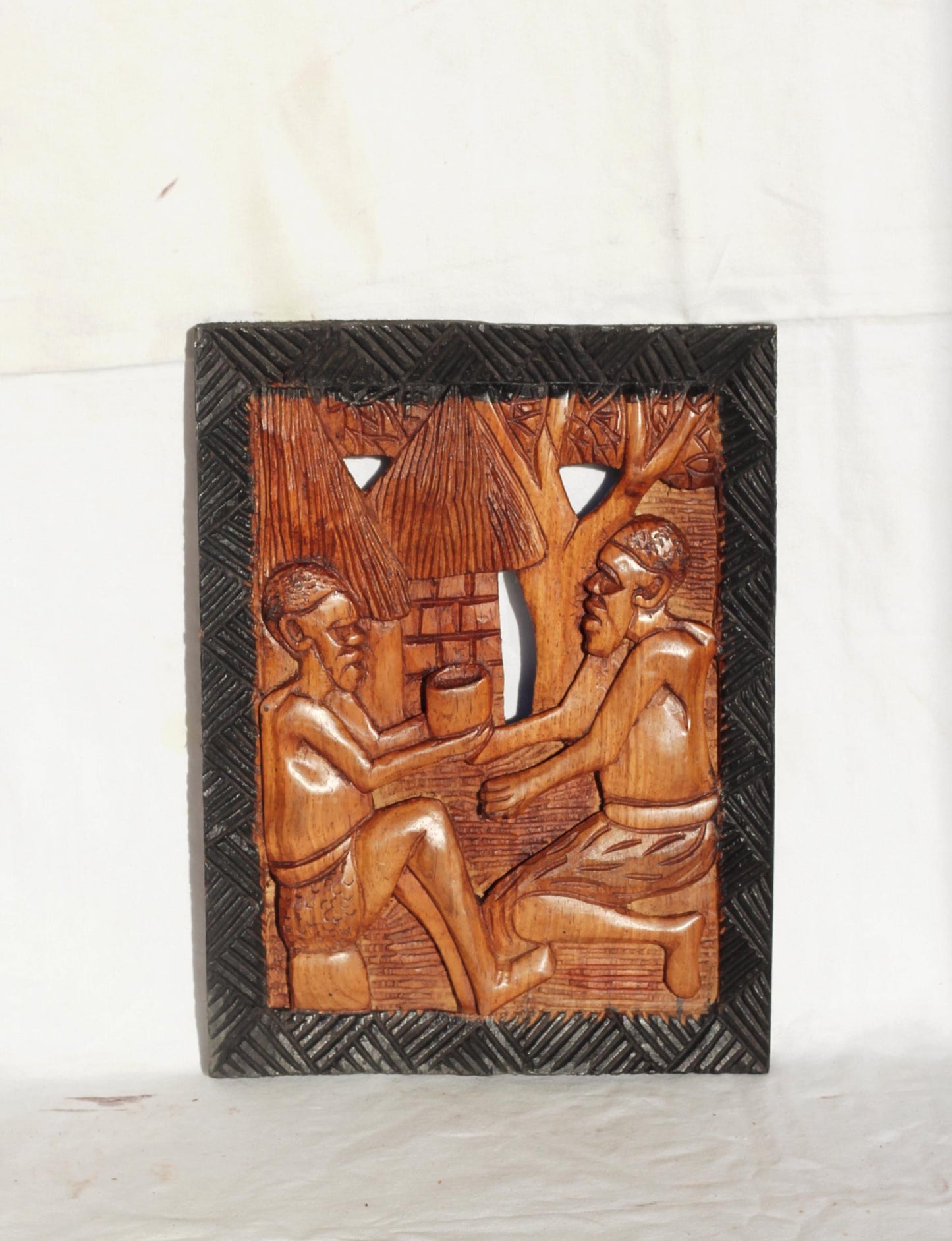 34cm Mukwa wood African Village life frame, Zambian Hand Carved wall hanging. Light brown and black polished home/Office Decor gift