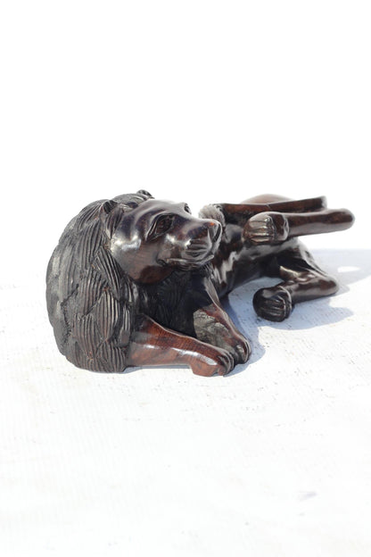 Sleeping and scratching Lion Handcarved Ironwood Carving. Malawian smooth carved brown animal figurine. Ready to Ship home/Office Decor