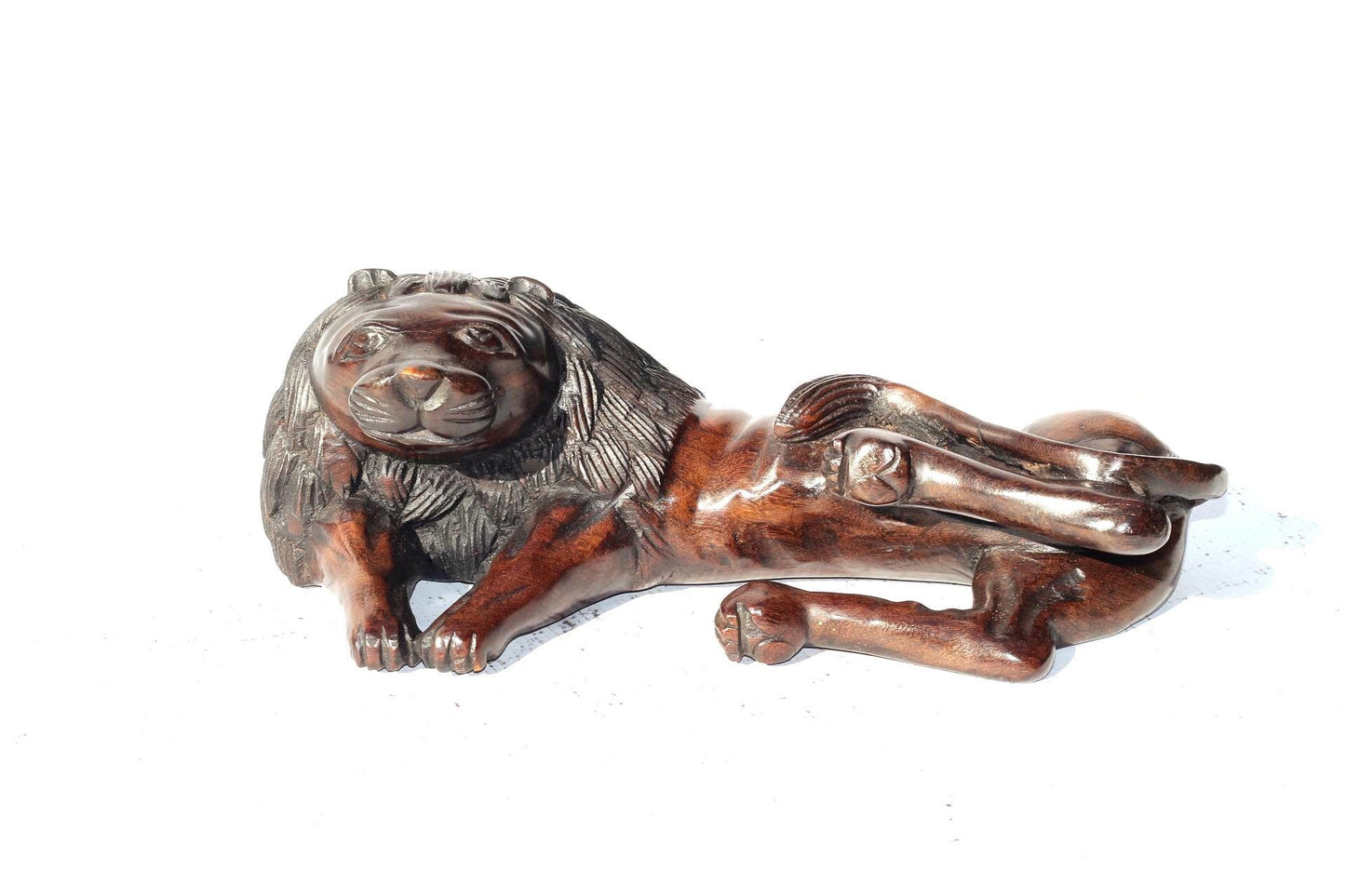 Sleeping and scratching Lion Handcarved Ironwood Carving. Malawian smooth carved brown animal figurine. Ready to Ship home/Office Decor
