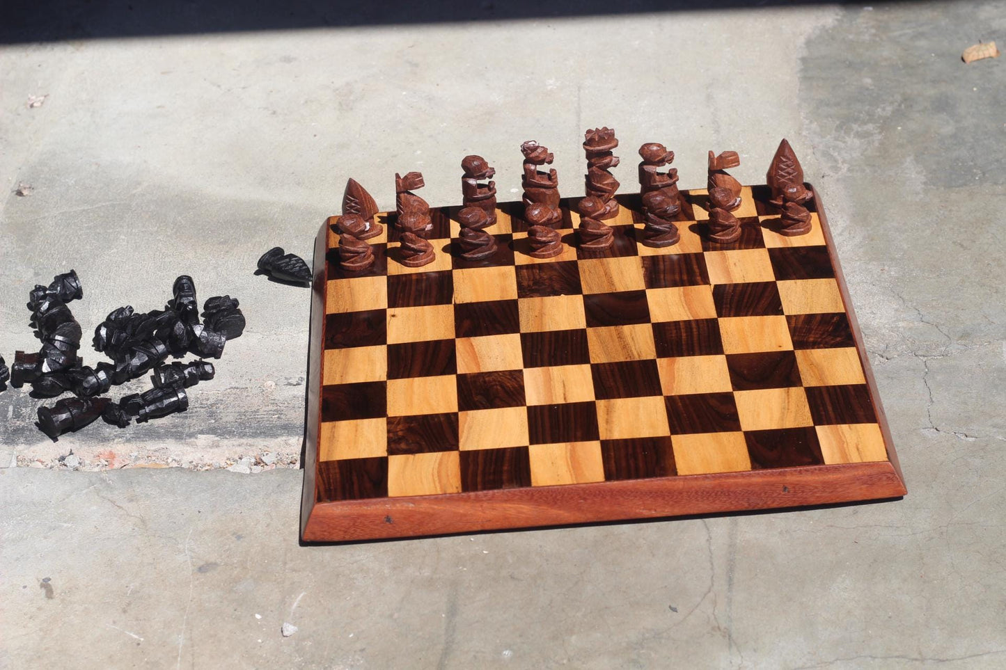 Minimalist board Ebony and Olive Wood Chess Set with African warriors pieces. Board games Art gift ready to Ship Worldwide.  Malawian decor