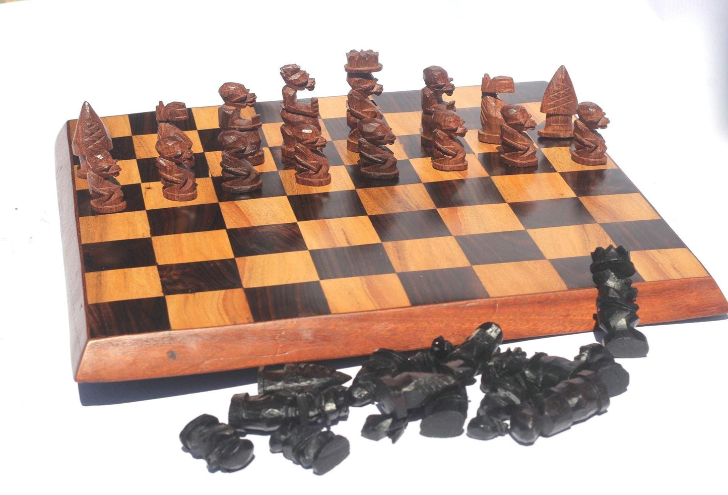 Minimalist board Ebony and Olive Wood Chess Set with African warriors pieces. Board games Art gift ready to Ship Worldwide.  Malawian decor