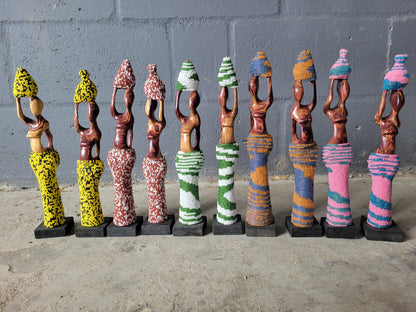 Beaded Zebra Wood African Women Carrying Water Pots. Comes in Pairs. Home/ Office decor 30cm Tall sculptures. Zambian Carved Wood Art Gifts