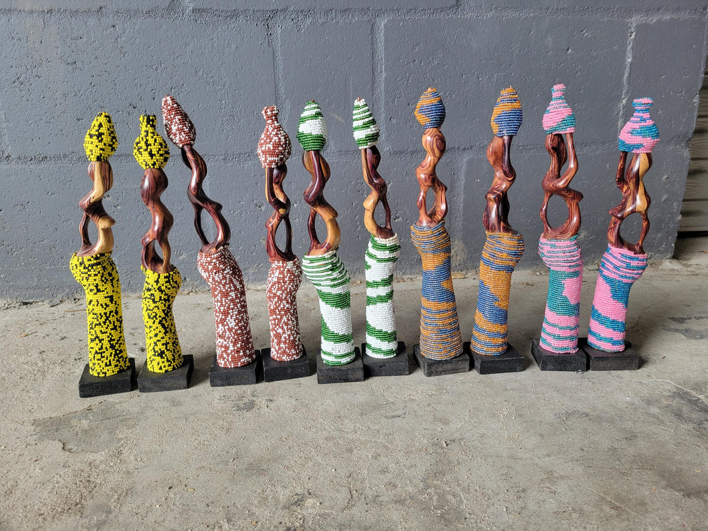 Beaded Zebra Wood African Women Carrying Water Pots. Comes in Pairs. Home/ Office decor 30cm Tall sculptures. Zambian Carved Wood Art Gifts