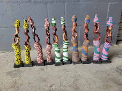 Beaded Zebra Wood African Women Carrying Water Pots. Comes in Pairs. Home/ Office decor 30cm Tall sculptures. Zambian Carved Wood Art Gifts